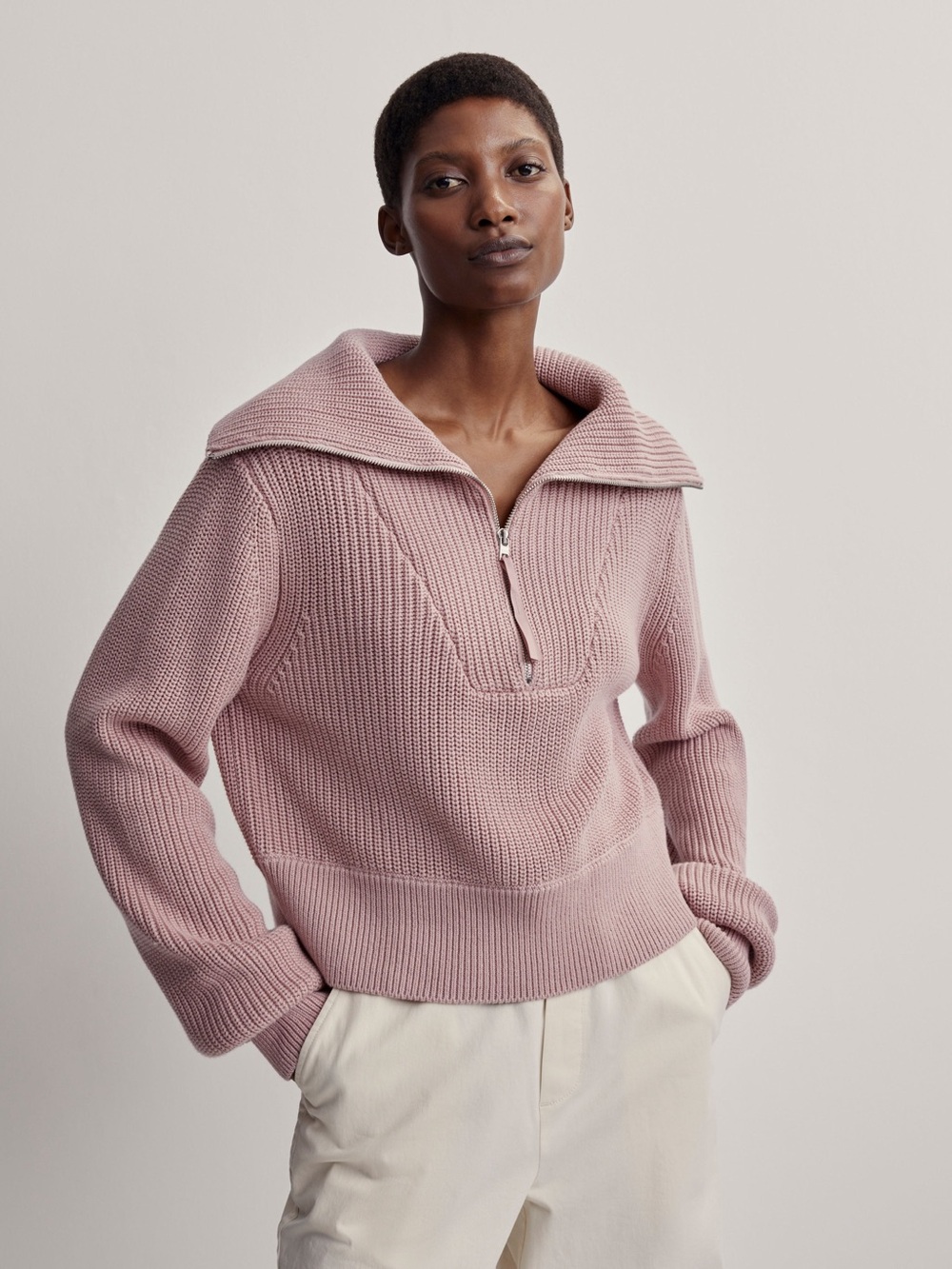 Varley Dusty Pink Half-Zip Ribbed Collar Sweater